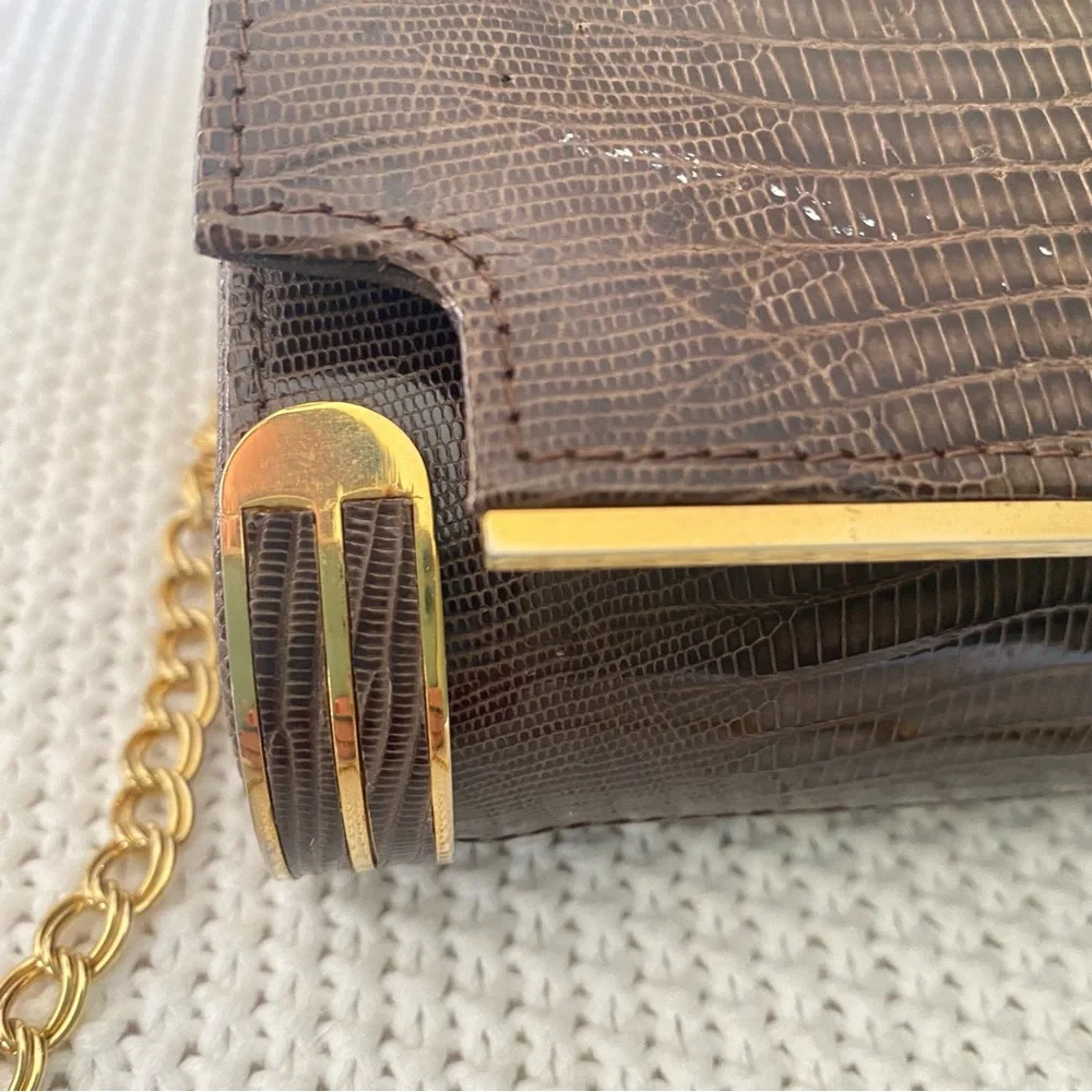 Vintage Reptile Skin Large Clutch Crossbody Gold Metal Chain